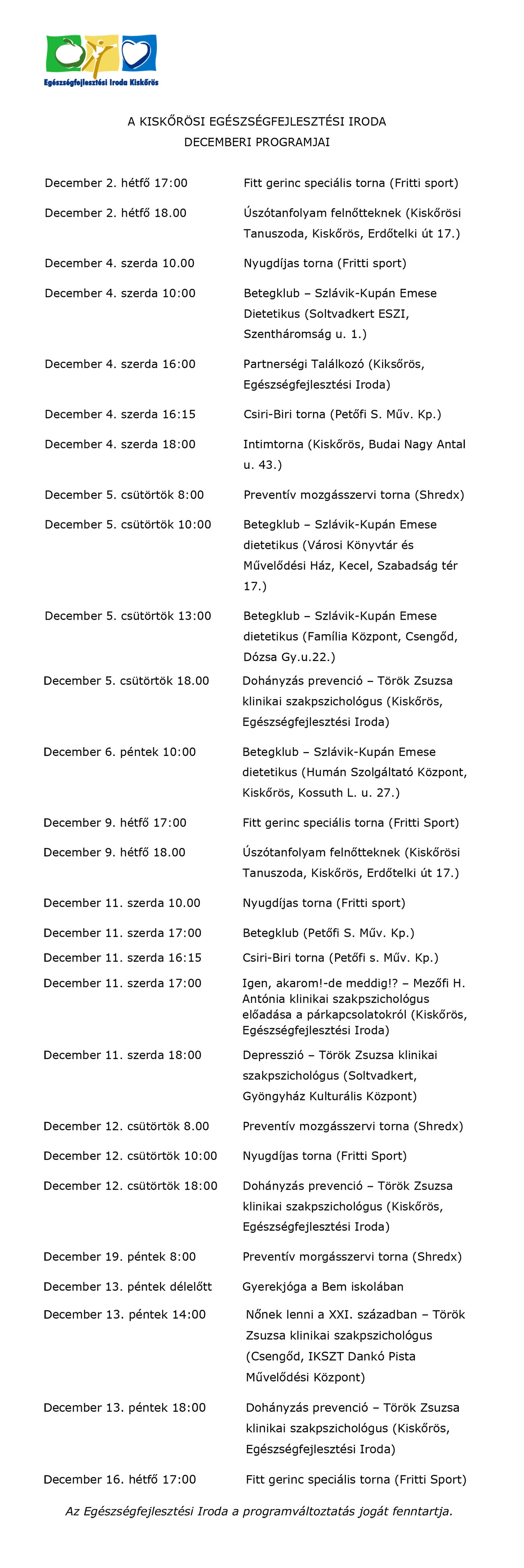 A kiskőrösi Egészségfejlesztési 2019. decemberi programjai